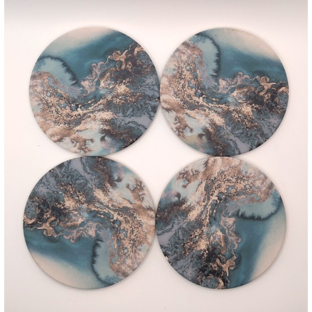 Set of 4 Abstract Coastal Marble Pattern Coasters Teal Blue Gold Cork Backing
